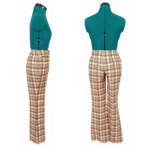 1960s Levi's for Gals Pants 1970s Bootcut Flare Trousers Plaid Brown Mid Rise - Picture 2 of 9